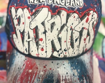 New England Patriots Graffiti Hat Hand Painted Navy Blue Trucker Cap