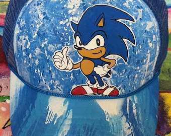 Sonic The Hedgehog Hand Painted Blue Tucker Cap Snapback Hat One Of A Kind