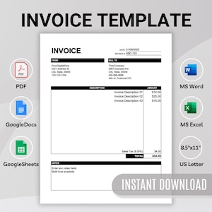 Editable Invoice Template | Printable Business Invoice | PDF, Word, Excel, Google Docs & Sheets | Instant Digital Download