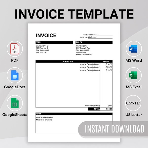 Invoice Template || Editable PDF/ Word/ GoogleDocs/ GoogleSheets Template, Customizable Professional Business Invoice, Printable
