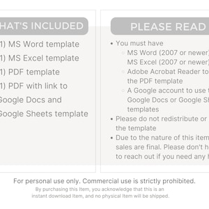 Op de afbeelding: Een digitale productbeschrijving met twee secties: "WAT IS INBEGREPEN" vermeldt MS Word-, Excel- en PDF-sjablonen, plus een Google Docs/Sheets-link. "LEES AUB" beschrijft softwarevereisten en gebruiksvoorwaarden. Tekst luidt: "Alleen voor persoonlijk gebruik. Commercieel gebruik is ten strengste verboden."