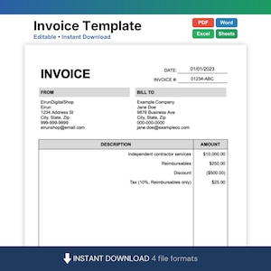 Może przedstawiać: Cyfrowy szablon faktury z tytułem "Invoice Template" i tekstem "Editable • Instant Download". Faktura zawiera pola na datę, numer faktury oraz szczegóły "Od" i "Do". Zawiera opisy i kwoty.