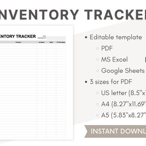 Peut inclure: Un modèle de suivi d'inventaire imprimable au format PDF, MS Excel et Google Sheets. Le modèle comprend des colonnes pour la référence SKU, le produit, en stock, vendu et à acheter. Le modèle est disponible en trois tailles : US letter (8,5 x 11 pouces), A4 (8,27 x 11,69 pouces) et A5 (5,83 x 8,27 pouces).