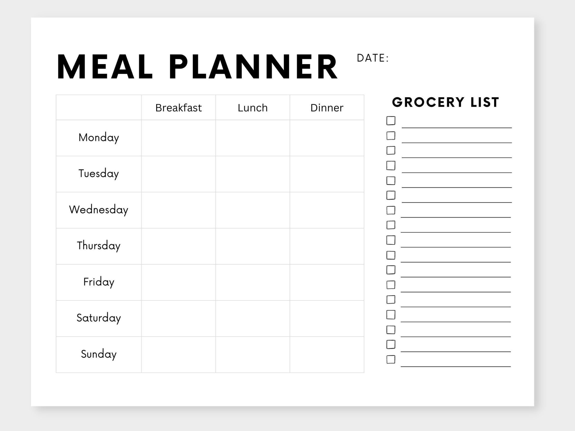 Weekly Meal Planner | Simple Meal Planning Template, Printable Grocery ...