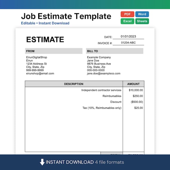 Job Estimate Template | Contractor, Construction & Handyman Quote | Editable Google Sheets Excel Word PDF