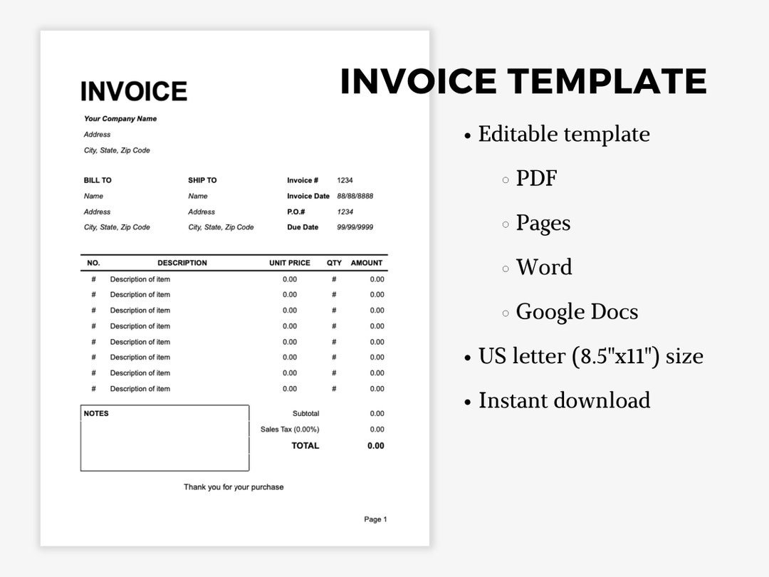 Invoice Template Editable Pdf/word/googledocs/pages Template ...