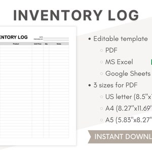 Business Inventory Log || Editable PDF/Google Sheets/Excel Template, Customizable Inventory Management, US Letter, A4, A5, Printable