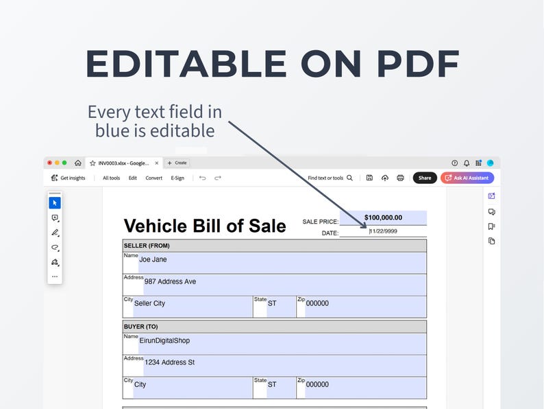Vehicle Bill of Sale Template | Editable Car Sale Contract | Auto ...