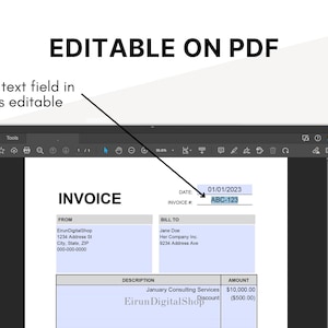 Op de afbeelding: Een digitale factuursjabloon op een computerscherm. De factuur bevat velden voor datum, factuurnummer en bedrijfsinformatie. De tekst "EDITABLE ON PDF" en "Every text field in blue is editable" zijn ook zichtbaar.