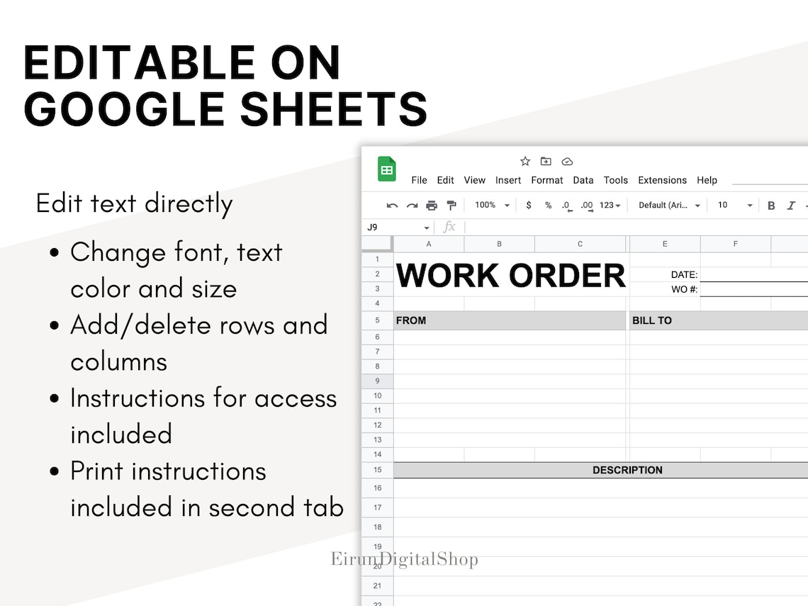 Work Order Template || Editable PDF/ Word/ Googledocs/ Googlesheets ...