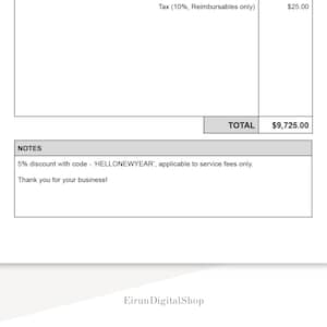 Op de afbeelding: Een wit document met een financieel overzicht, met een totaal van $9.725,00. Het document bevat een belastingbedrag en een notitie over 5% korting met de code 'HELLONEWYEAR'. Het document is van Eirun Digital Shop.