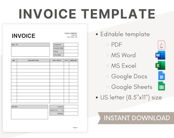 Factuursjabloon voor kleine bedrijven | Bewerkbare factuur Google Spreadsheets Excel Word pdf | Freelancerfactuur | Facturering contractant