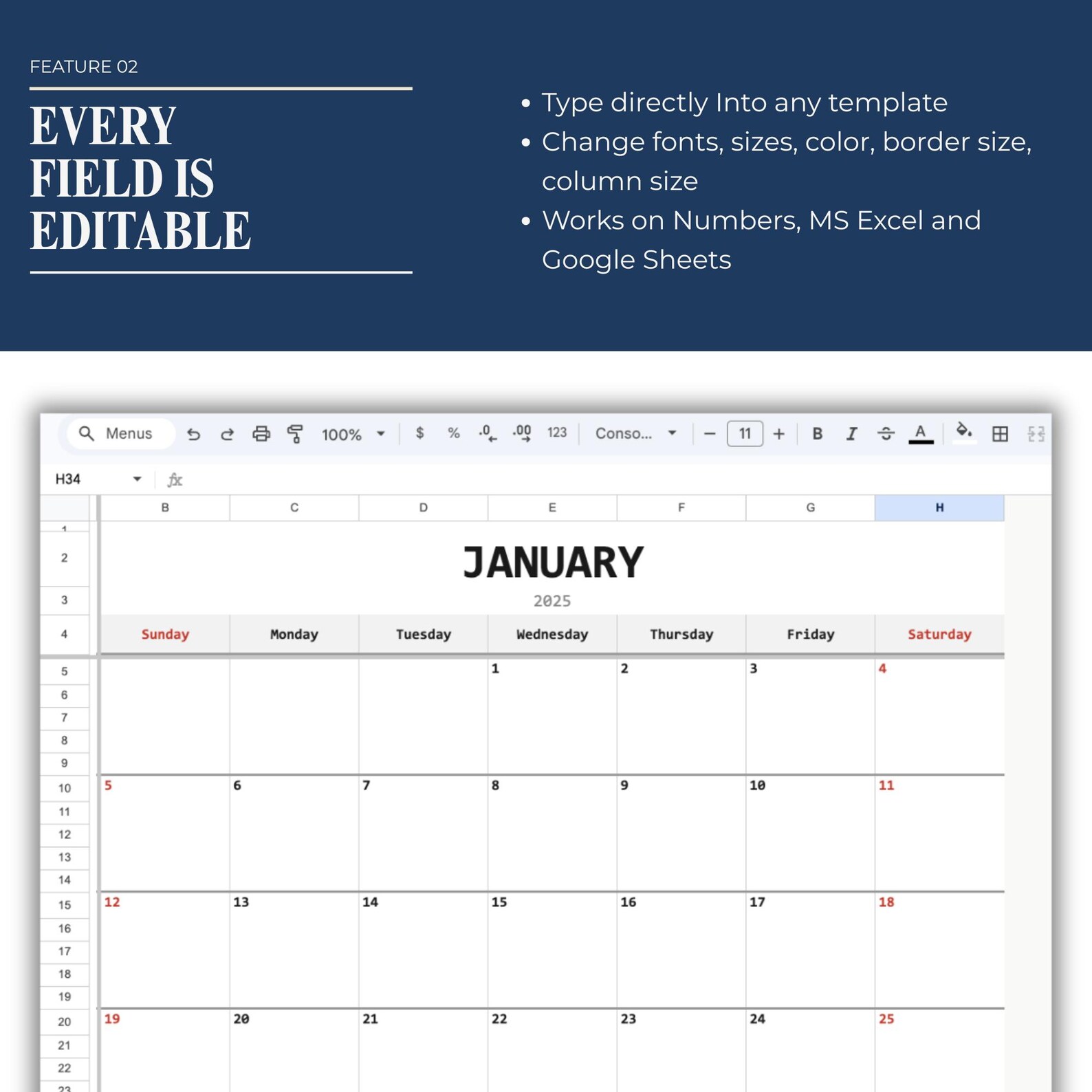Calander Customizeable Customizable Calendar Template | Editable Excel, Google Sheets (digital ...