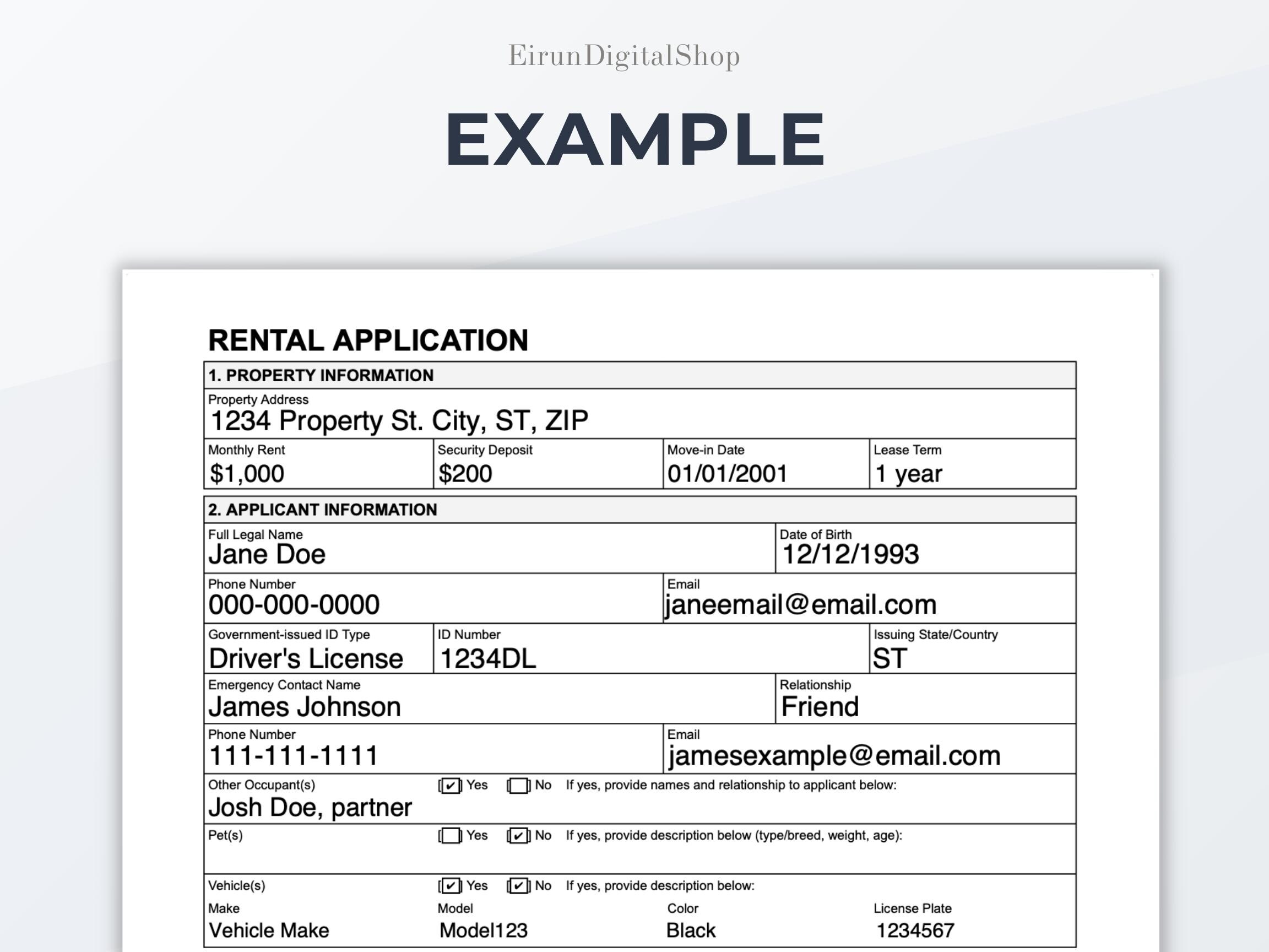 Rental Application Template | Editable Lease Contract, for Landlords ...
