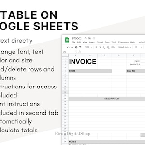 Op de afbeelding: Een digitale factuursjabloon in Google Sheets. De afbeelding toont een spreadsheet met het woord "INVOICE" bovenaan. Functies zijn onder meer bewerkbare tekst, lettertype, kleur, grootte en de mogelijkheid om rijen en kolommen toe te voegen/verwijderen. Instructies zijn inbegrepen.