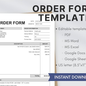 Order Form Template || Editable PDF/ Word/ GoogleDocs/ GoogleSheets Template, Customizable Professional Business Order Form