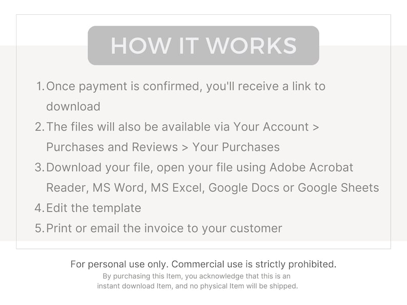 May include: A graphic with the text "HOW IT WORKS" at the top. The steps include downloading, opening the file, editing the template, and printing or emailing the invoice. The text also states the item is for personal use only.