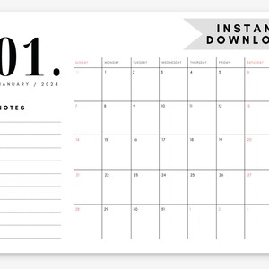 Calendario imprimible 2024 // Planificador mensual digital, Calendario minimalista de tamaño A5/carta horizontal, Plantilla de calendario editable y rellenable