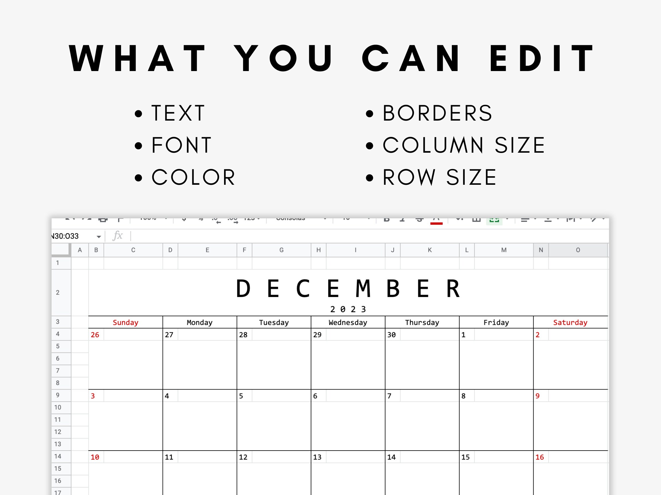 Customizable Calendar Template Editable Excel/google Sheets/numbers