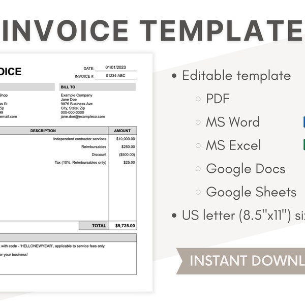 Invoice Template || Editable PDF/ Word/ GoogleDocs/ GoogleSheets Template, Customizable Professional Business Invoice, Printable
