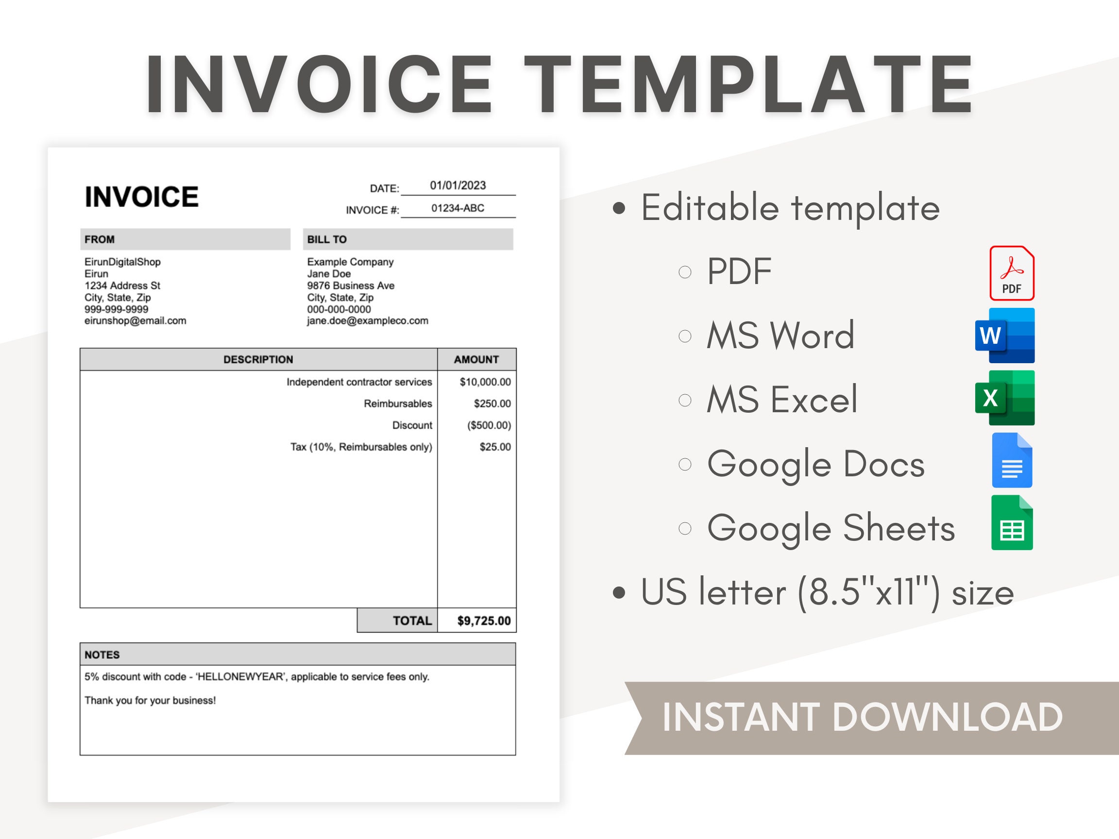 Invoice Template Editable PDF Word Googledocs Googlesheets Template 