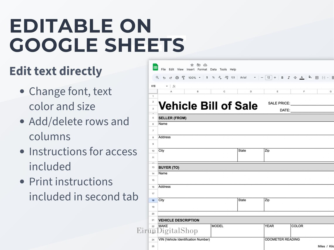 Vehicle Bill of Sale Template | Editable Car Sale Contract | Auto ...