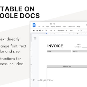 Op de afbeelding: Een digitale factuursjabloon weergegeven op een Google Docs-interface. Het document bevat velden voor factuurgegevens, waaronder datum, factuurnummer en ontvangerinformatie. De tekst "EDITABLE ON GOOGLE DOCS" staat bovenaan.