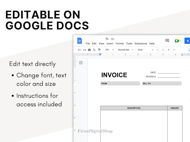 Op de afbeelding: Een digitale factuursjabloon weergegeven op een Google Docs-interface. Het document bevat velden voor factuurgegevens, waaronder datum, factuurnummer en ontvangerinformatie. De tekst "EDITABLE ON GOOGLE DOCS" staat bovenaan.