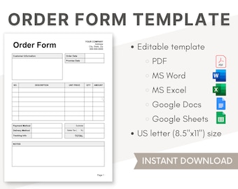 Sjabloon zakelijk bestelformulier | Bewerkbare pdf, Word, Excel (digitale download)