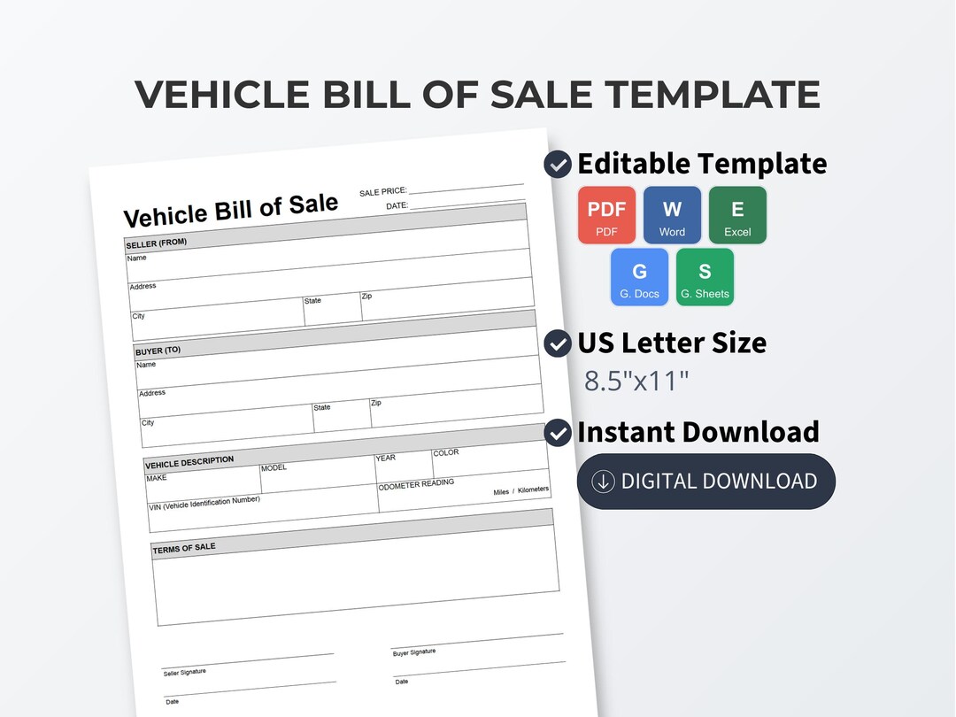 Vehicle Bill of Sale Template, Editable Car Sale Contract, Auto ...