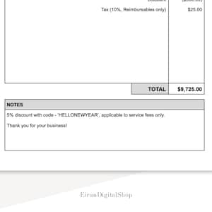 May include: A white document with a black border, displaying financial details. The total is $9,725.00. Notes include a 5% discount with code 'HELLONEWYEAR'. The document is from Eirun Digital Shop.