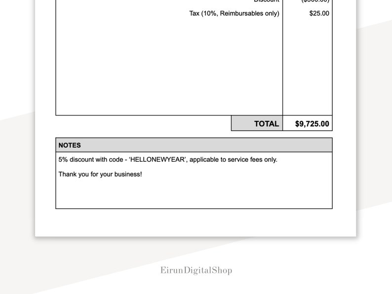 May include: A white document with a black border, displaying financial details. The total is $9,725.00. Notes include a 5% discount with code 'HELLONEWYEAR'. The document is from Eirun Digital Shop.
