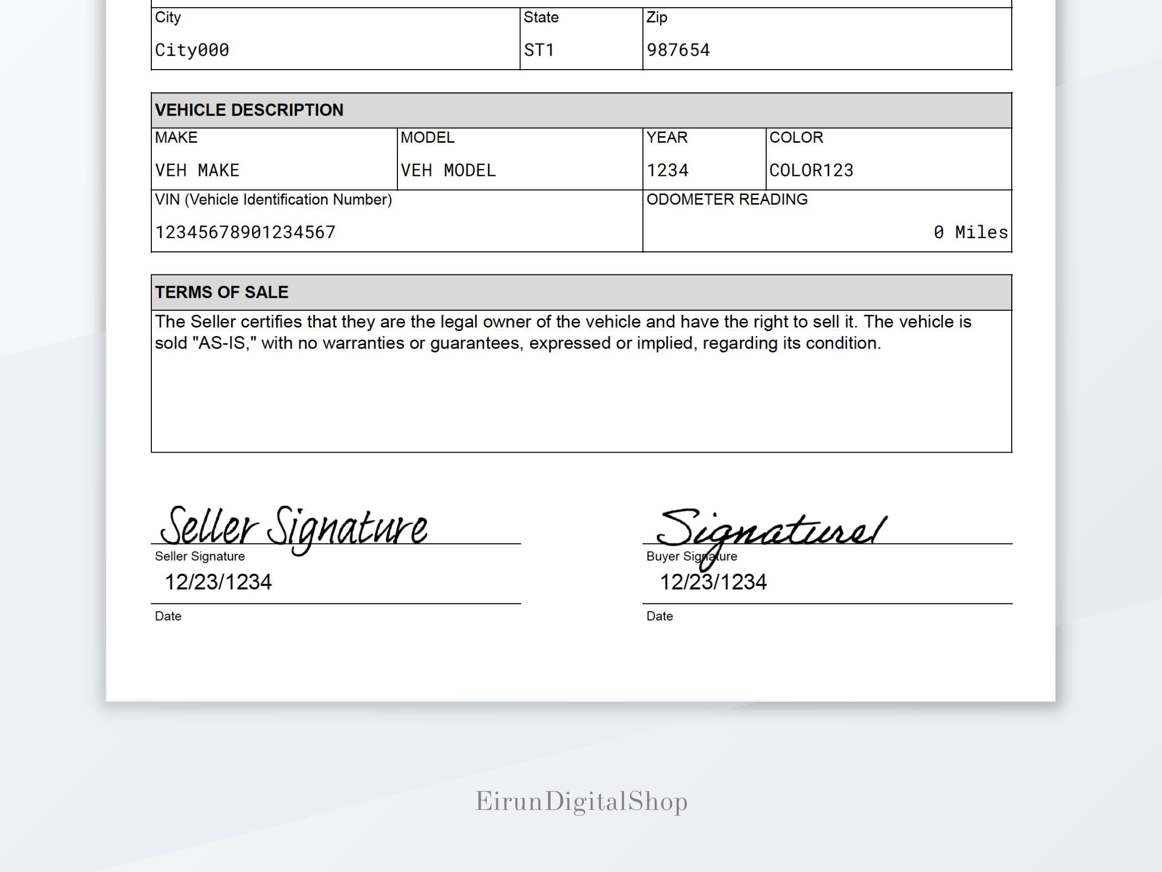 Vehicle Bill of Sale Template | Editable Car Sale Contract | Auto ...