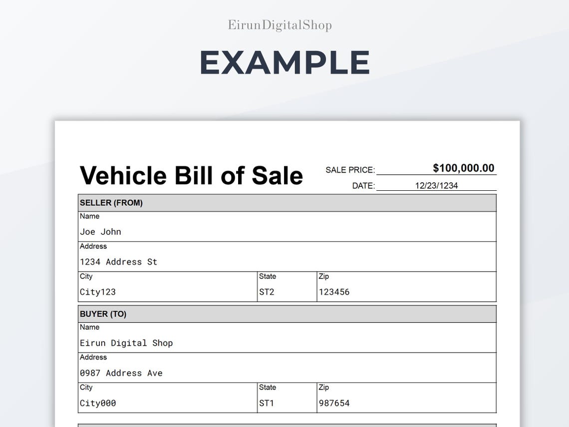 Vehicle Bill of Sale Template | Editable Car Sale Contract | Auto ...