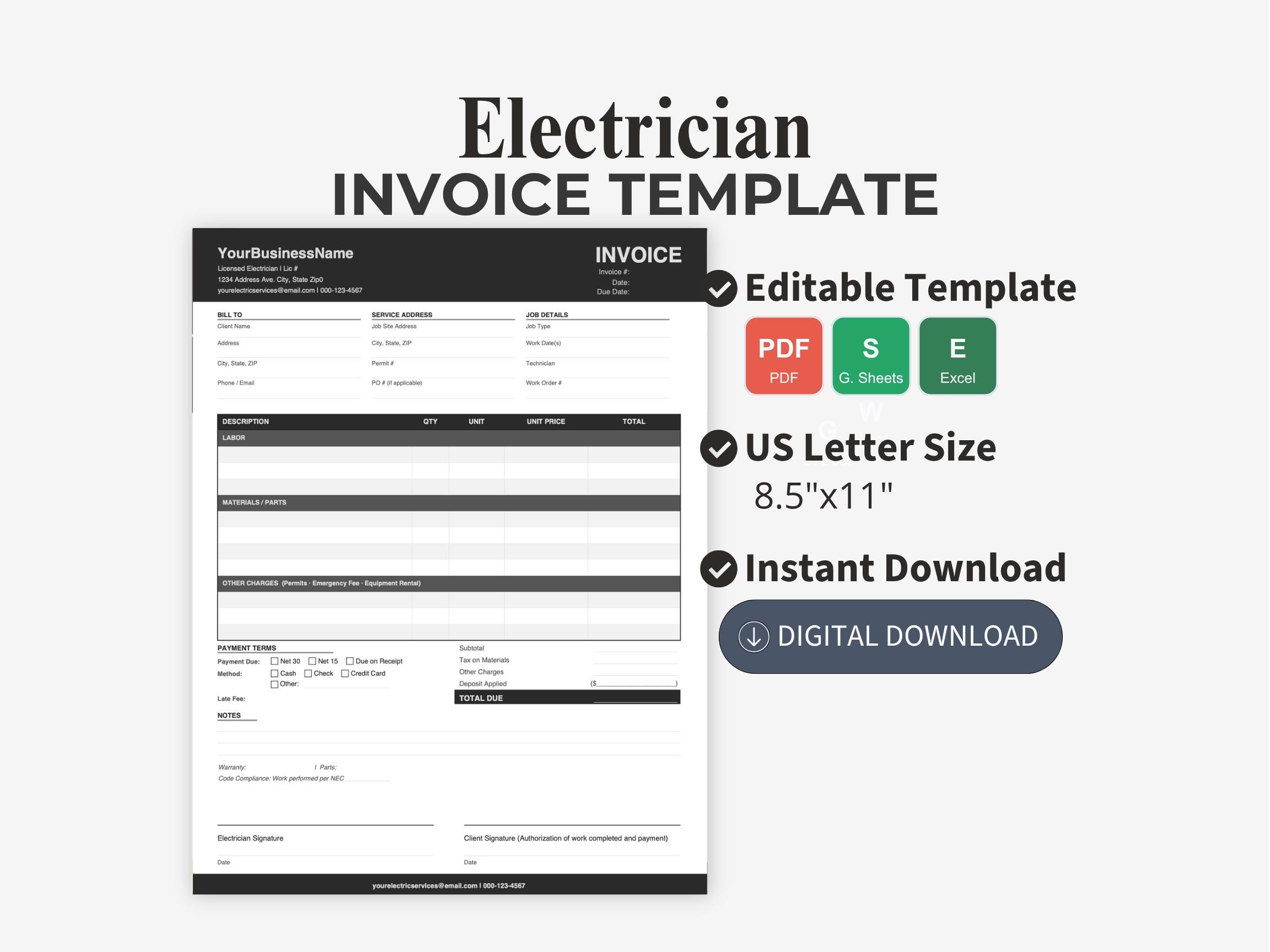 Electrician Invoice Template | Editable Electrical Contractor Invoice ...