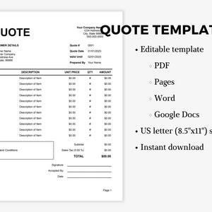 Job Quote/Proposal Template || Editable PDF/Word/GoogleDocs/Pages Template, Customizable Professional Business Quote, Custom Printable Quote