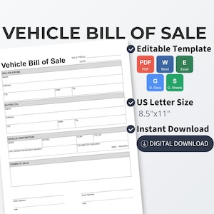 Plantilla de contrato de compraventa de vehículos / Contrato de compraventa de automóviles editable / Acuerdo de compra de automóviles / PDF Word Google Docs Sheets / Formulario del DMV