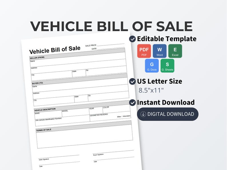 Vehicle Bill of Sale Template | Editable Car Sale Contract | Auto ...