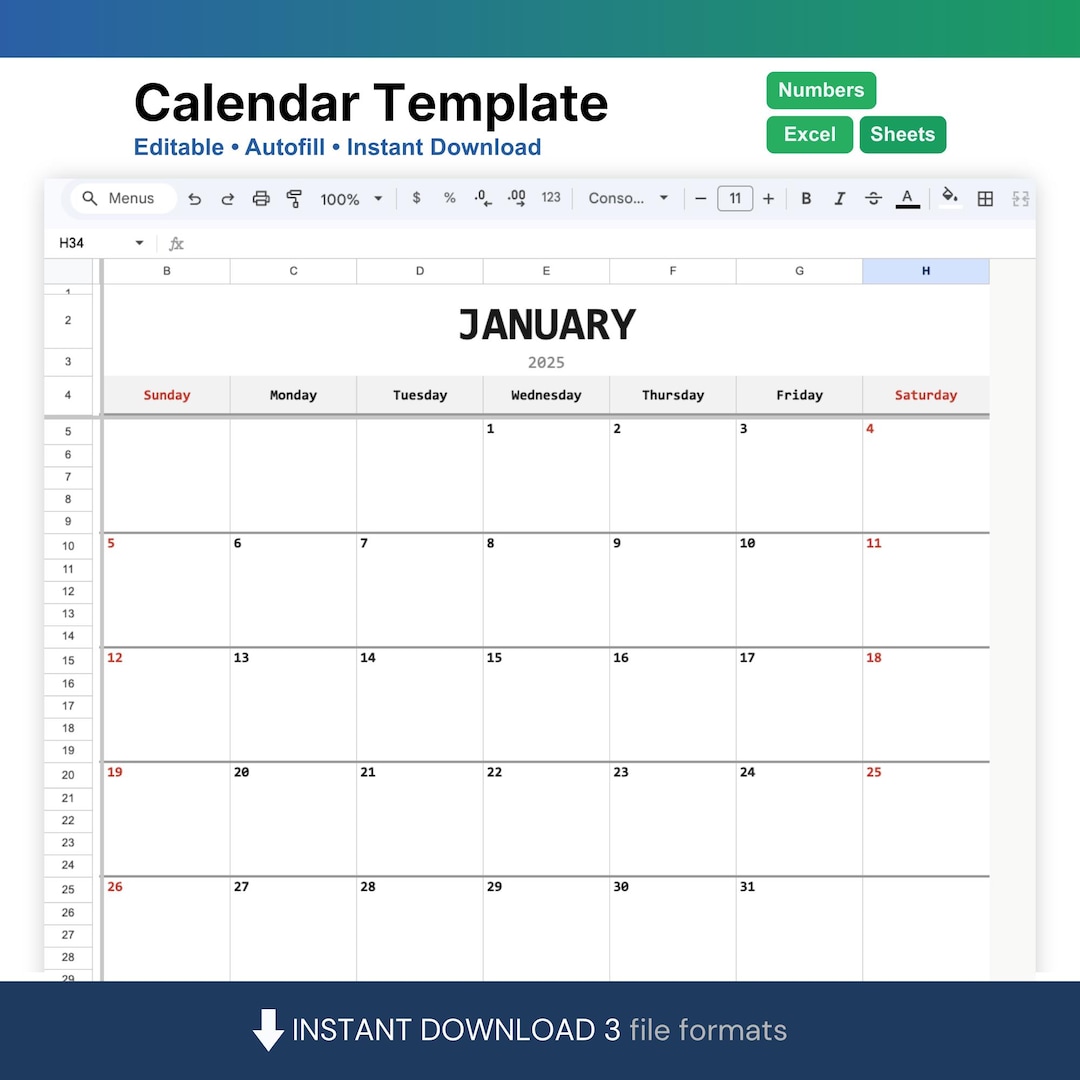 Customizable Calendar Template | Editable Excel, Google Sheets (digital ...