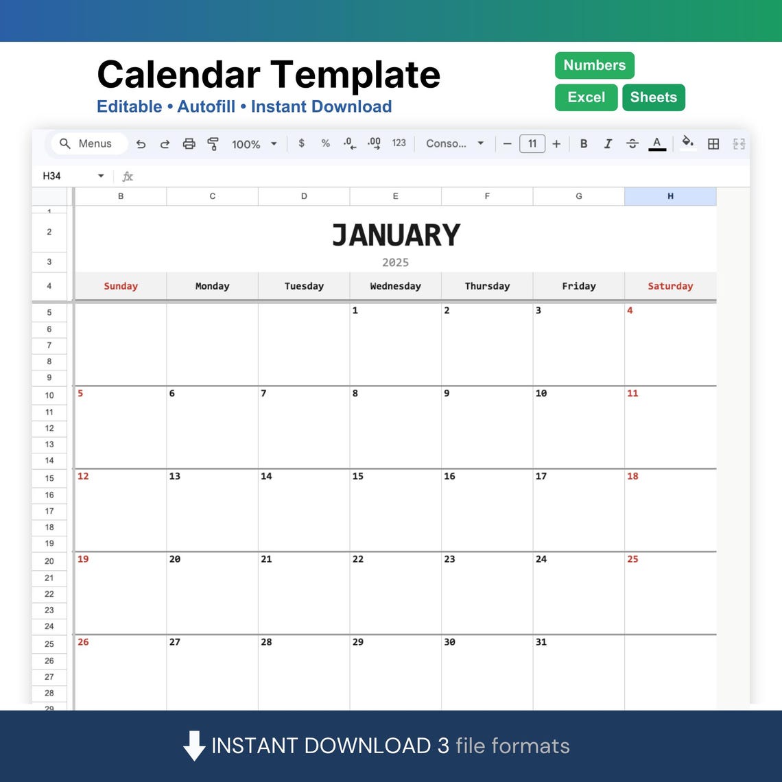Customizable Calendar Template | Editable Excel, Google Sheets (digital