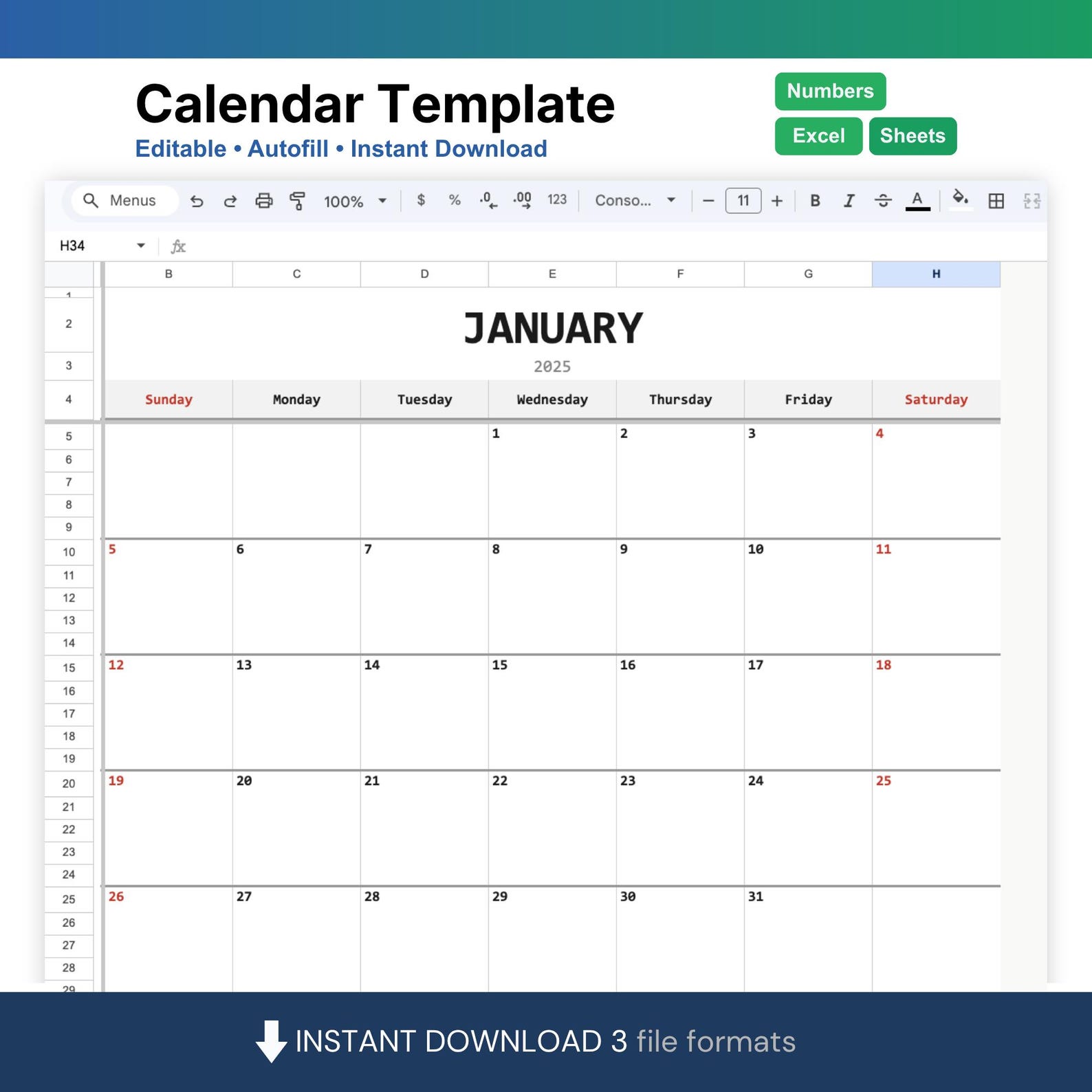 Calander Customizeable Customizable Calendar Template | Editable Excel, Google Sheets (digital ...