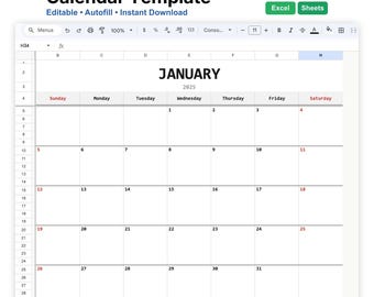 Customizable Calendar Template | Editable Excel, Google Sheets (Digital Download)