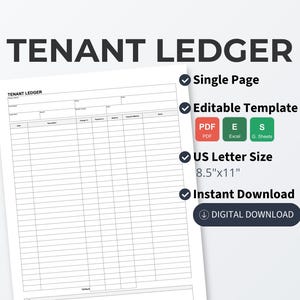 May include: A white tenant ledger template with the title "TENANT LEDGER" in large, bold, black letters. The template includes sections for date, description, rent, and balance. Additional text includes "Single Page", "Editable Template", and "US Letter Size 8.5"x11".