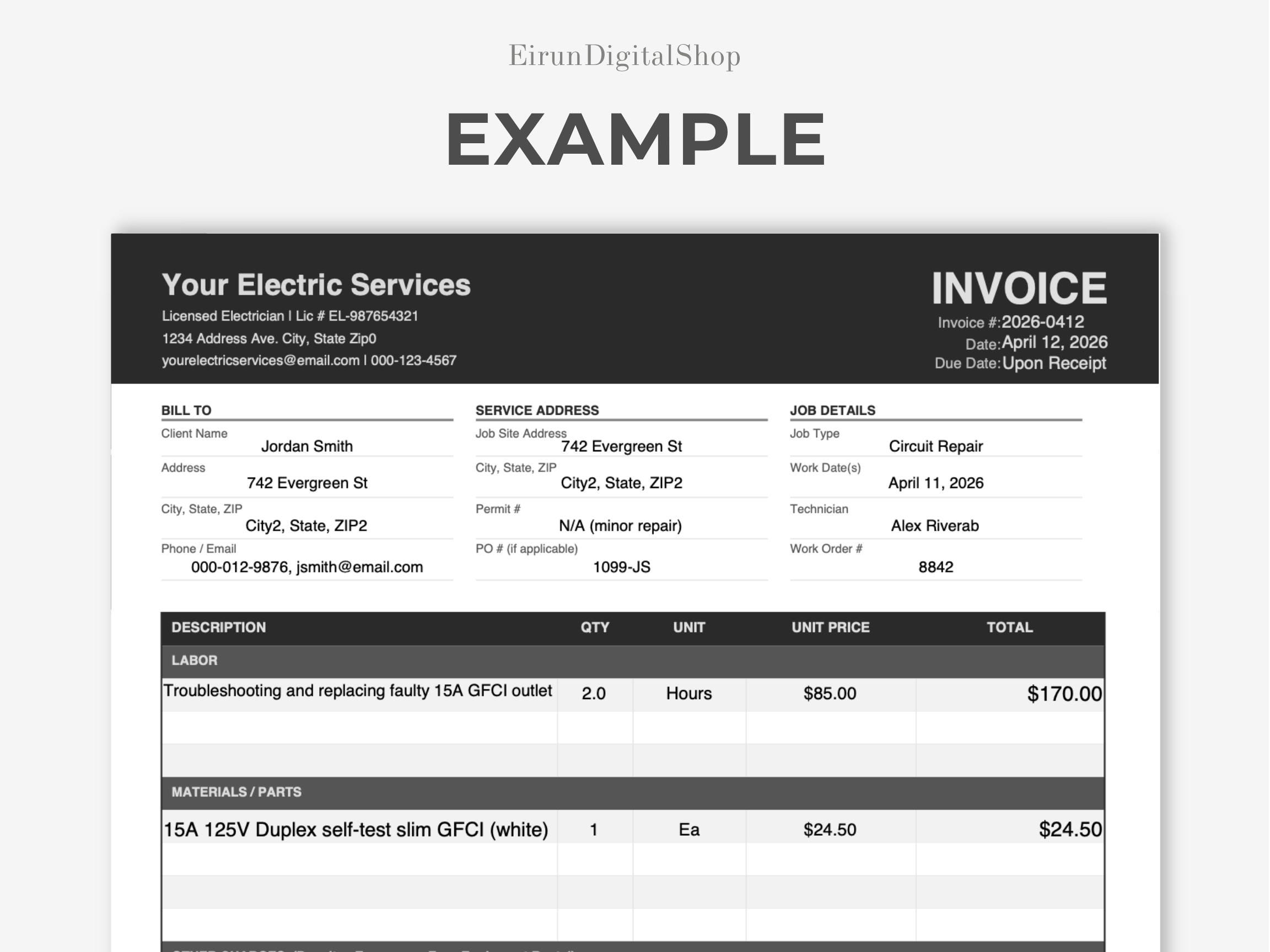 Electrician Invoice Template | Editable Electrical Contractor Invoice ...