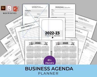 May include: A black and white printable business agenda planner with 81+ pages. The planner includes a yearly calendar, monthly calendars for 2022 and 2023, and sections for personal and website information.