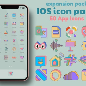 Expansion Pack: Colorful iOS 16 App icon pack with 50 aesthetic icons | iPad and iPhone icon pack | Transparent iOS icons | Apple icon pack