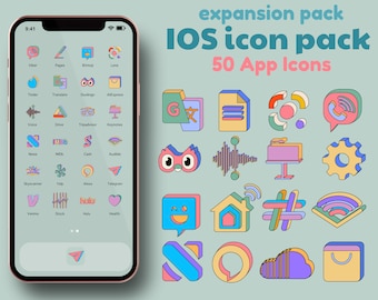 Expansion Pack: Colorful iOS 16 App icon pack with 50 aesthetic icons | iPad and iPhone icon pack | Transparent iOS icons | Apple icon pack