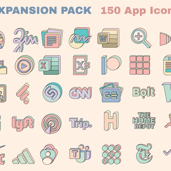 Expansion pack: Pastel iOS 16 App icon pack with 150 aesthetic App icons | iPad and iPhone icons | Transparent iOS icons | iPhone icon pack