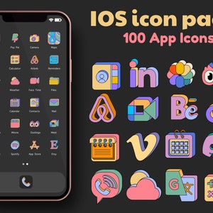 Colorido paquete de íconos de aplicaciones iOS 16 con 100 íconos estéticos en tema oscuro / conjunto de íconos para iPhone y iPad / paquete de íconos oscuros