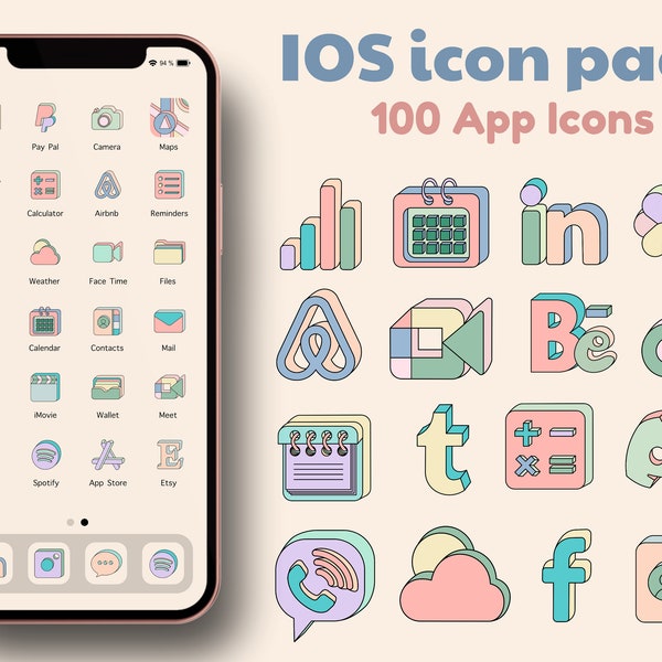 Pastel iOS 16 App icon pack with 100 aesthetic App icons | iPad and iPhone icons | Transparent iOS icons | iPhone icon pack